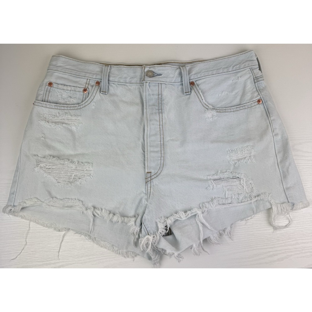 Levi's 501 Button Fly Shorts Raw Hem Distressed Womens W34 Light Wash Denim